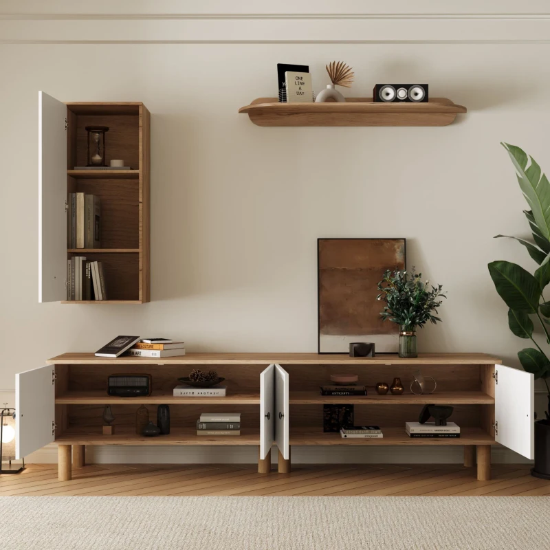 Parete attrezzata 3 pezzi, composta da mobile alto, mobile basso e pannello a parete, Colore naturale