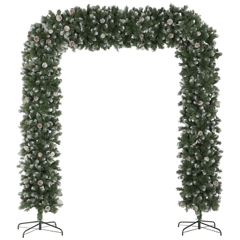 HOMCOM 8.2 ft Snow Frosted Christmas Tree Arch, Christmas Arch Doorway Decor with 2100 Tips and 96 Pinecones, Artificial Xmas Tree with Metal Stand for Indoor, Green