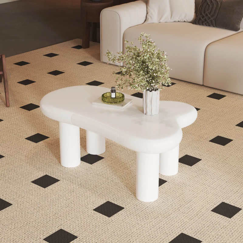 Tavolino da salotto a forma di nuvola, in MDF con illuminazione LED e cassetto, 98x65,5x40 cm, Bianco