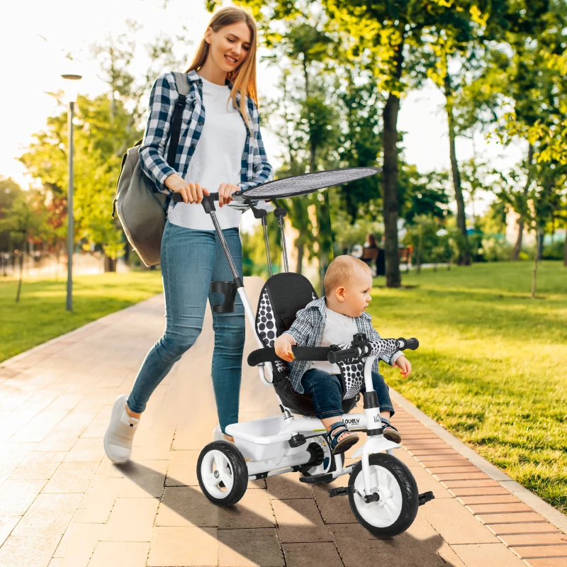 HOMCOM Tricycle Enfants Pare-Soleil Pliable Canne Amovible Benne Rangement 105 x 47 x 98 cm Acier Blanc et Noir