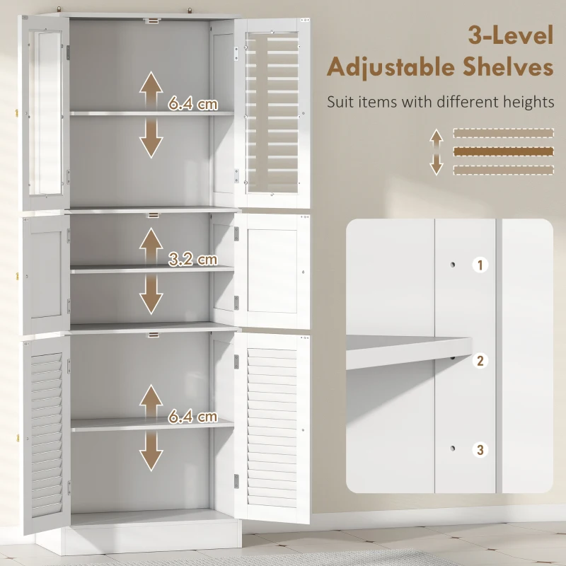 HOMCOM Dulap pentru baie cu 3 compartimente și 2 uși din sticlă și lemn, rafturi reglabile, 60x30x170 cm, alb