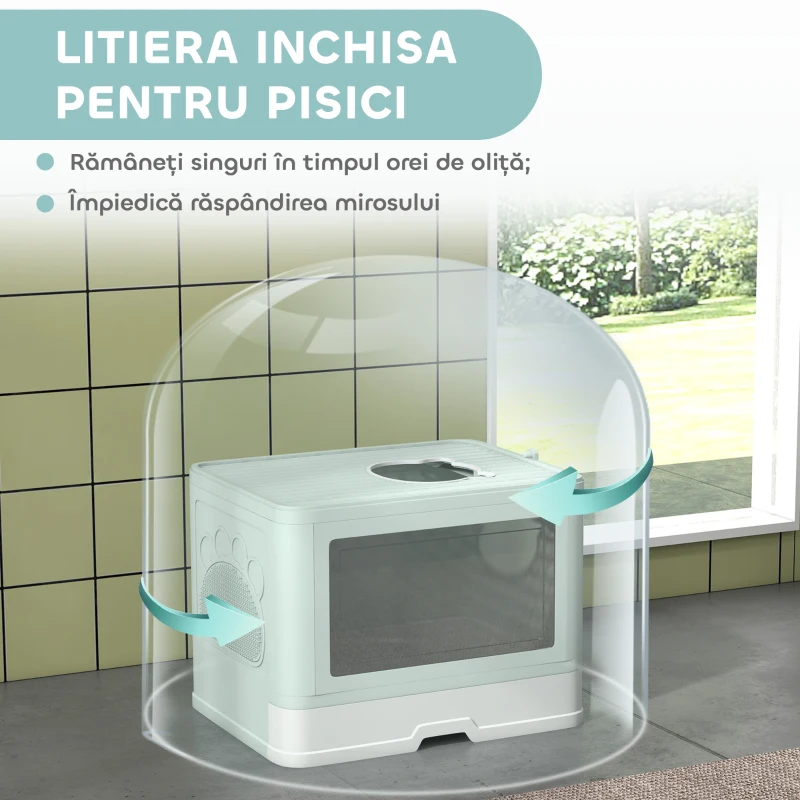 PawHut Litieră de nisip pentru pisici cu Capac, Intrare Dublă, Sertar, Lopățică, Verde
