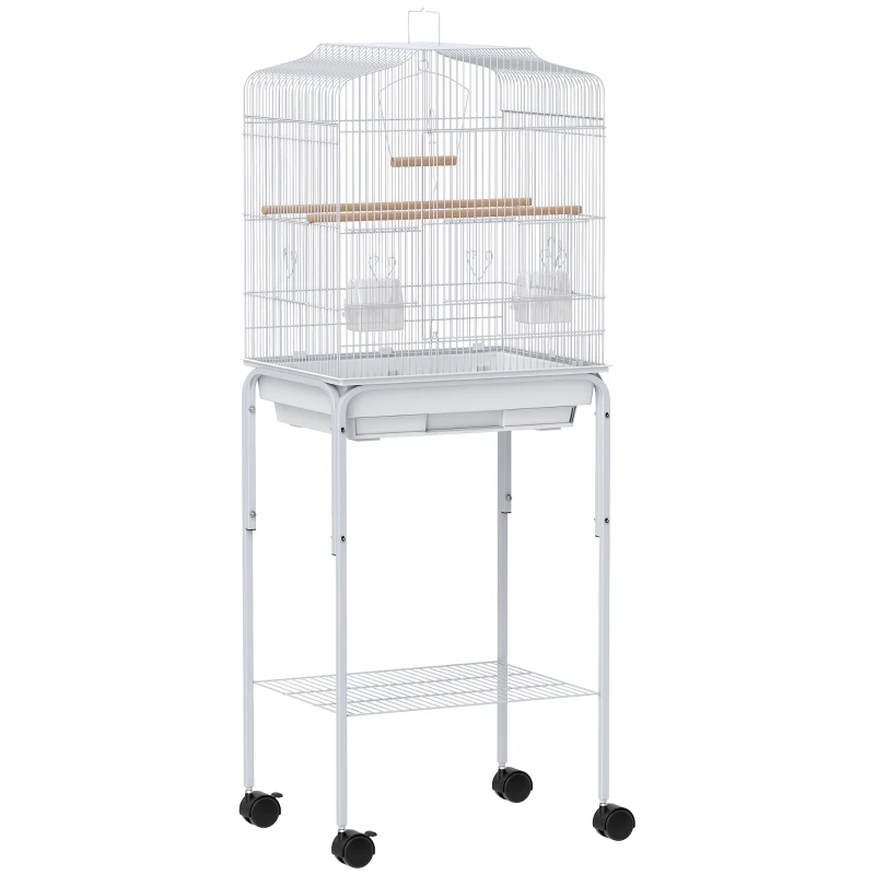 PawHut Jaula para Pájaros con Ruedas Estante Puertas 2 Comederos 2 Perchas Columpio Bandeja Extraíble 46,5x36x124 cm Blanco
