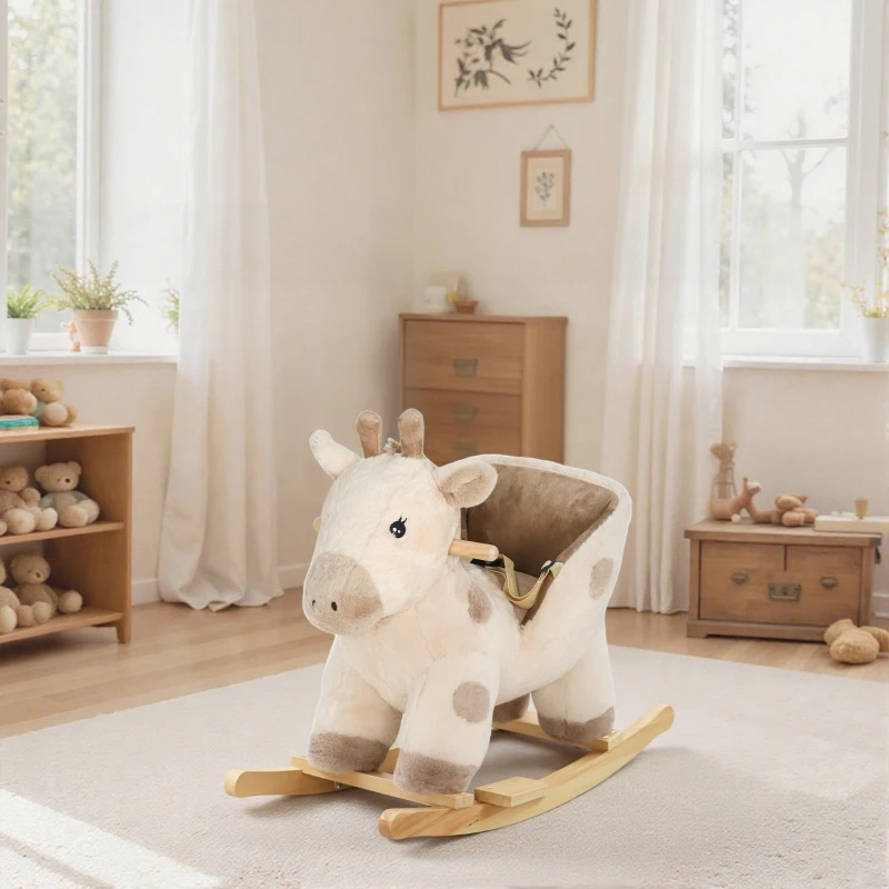 AIYAPLAY Cheval à bascule pour enfants girafe jouet à bascule bébé avec effet sonore, ceinture de sécurité, 68x35x50cm, beige