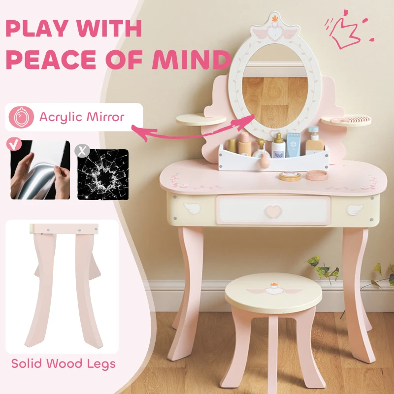AIYAPLAY Kids Dressing Table, Girls Vanity Set with Mirror and Stool, 7 Play Accessories, Drawer, Desktop Storage, Pink