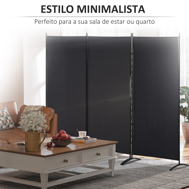 HOMCOM Biombo de 3 Paineis Separador de Ambientes Dobrável Biombo de Privacidade com 6 Pés de Metal 253x50x182 cm Preto
