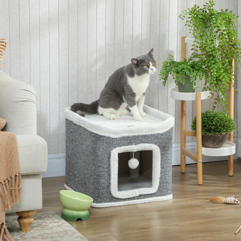 PawHut Cat House for Indoor Kittens, 2-Level Cat Cave Bed with Fluffy Balls, Top Bed, Kitten Barrel for Multi Kitties, Grey