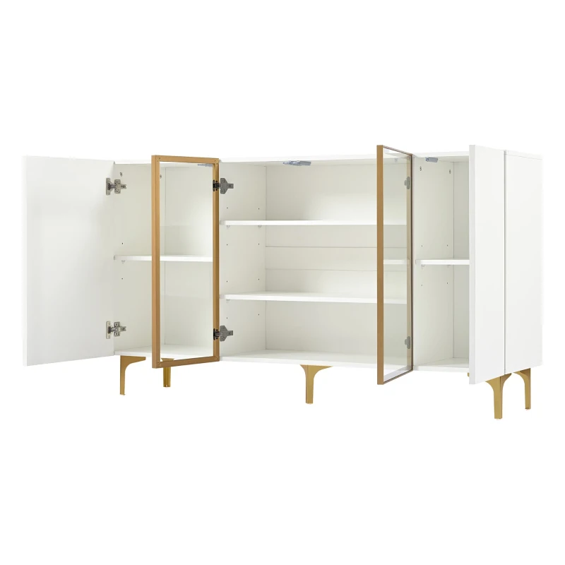 Credenza 4-ante con vetro & metallo, ampio spazio di archiviazione, 150x38x85 cm, Bianco