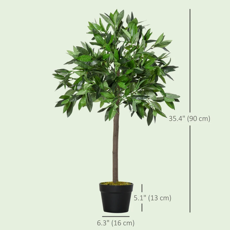 Outsunny Artificial Bay Laurel Topiary Trees w/ Pot Fake, Set Of 2 90cm/3FT Indoor Greenery Plant Home Office Garden Decor Green