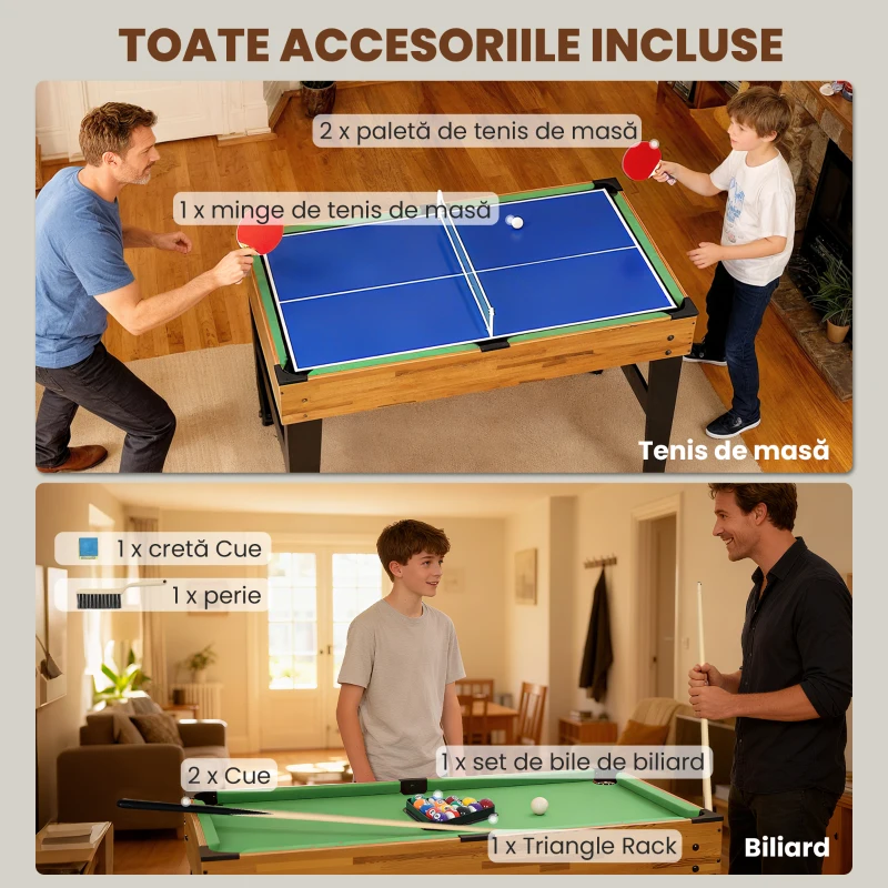SPORTNOW Masă de Jocuri 13 în 1 cu Fotbal de Masă, Ping Pong, Air Hockey, Biliard, Șah și Altele, Culoare Nuc