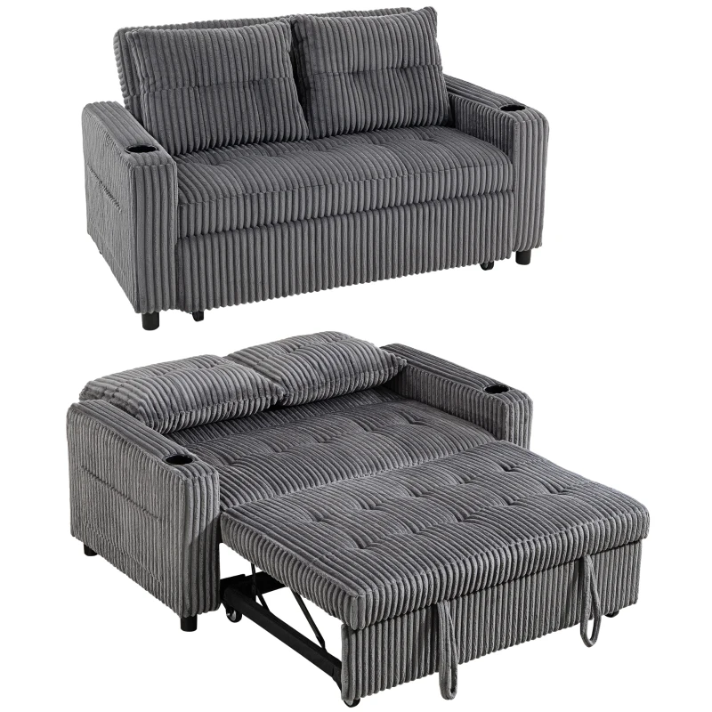 HOMCOM 2 Seater Click Clack Sofa Bed with Pull Out Design, Corduroy Upholstery - Charcoal Grey