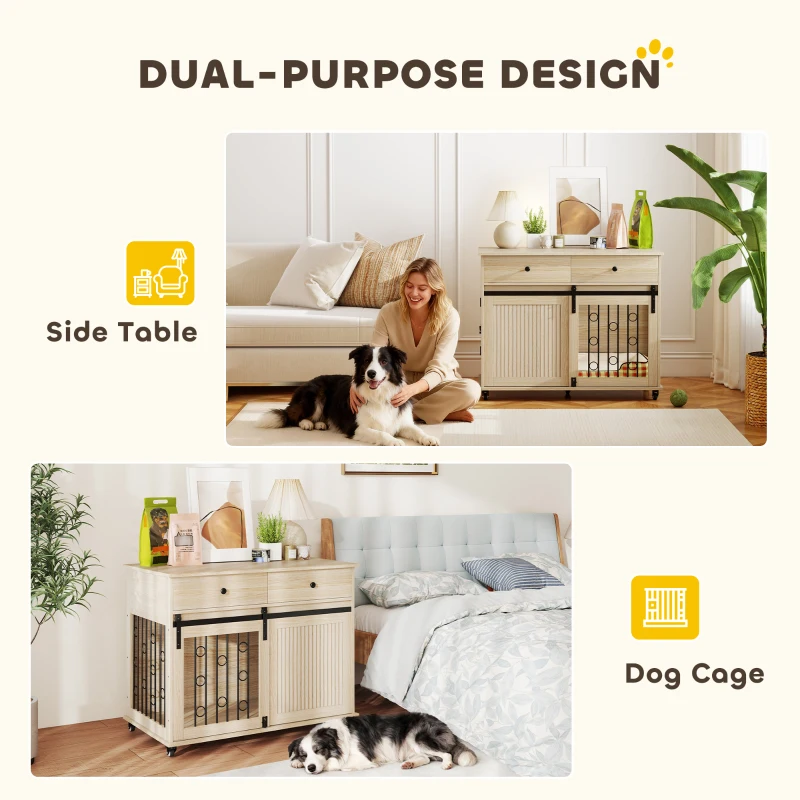PawHut Dog Crate Furniture on Wheels, Dog Cage with 2 Drawers, Sliding Door, for Medium Large Dogs, Oak Tone