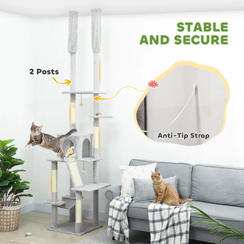 PawHut Copac zgârietoare de tavan cu înălțime ajustabilă 225-255cm Gri deschis