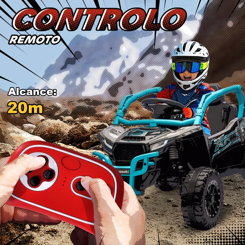 AIYAPLAY Carro Elétrico para Crianças 12V Kawasaki Teryx KRX 1000 com 2 Motores Faróis e USB 100x64x56 cm Azul