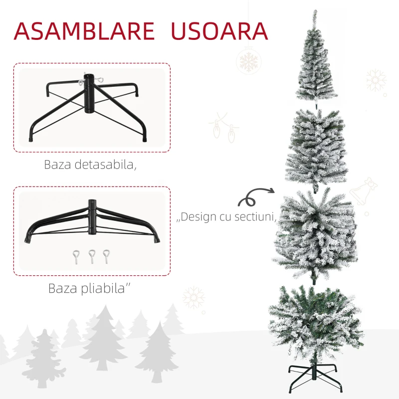 HOMCOM Brad de Crăciun Înzăpezit din PP Verde cu 492 Ramuri Ignifuge și Bază din Oțel Inoxidabil, Ø60x180 cm