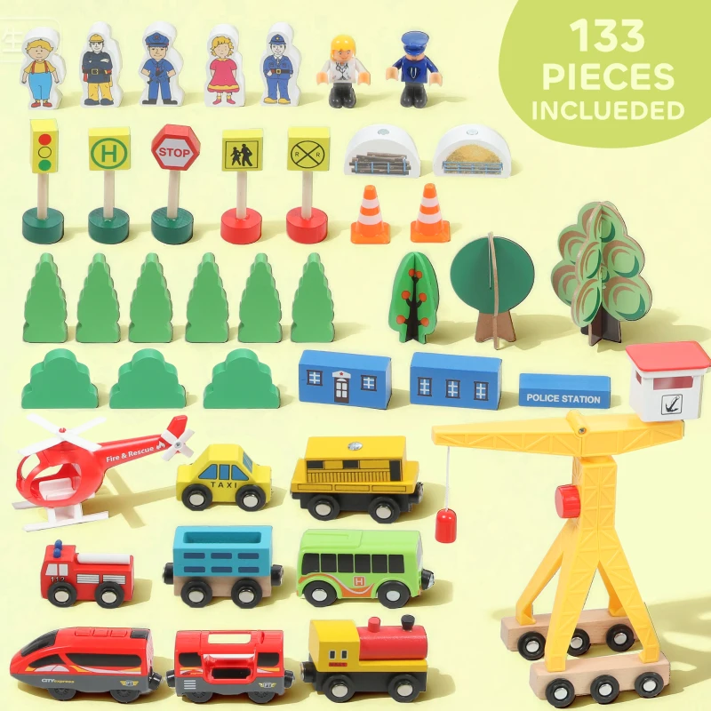 AIYAPLAY 133-Piece Wooden Train Set, Toy Train with Crane, Storage Box, for Kids Ages 3+
