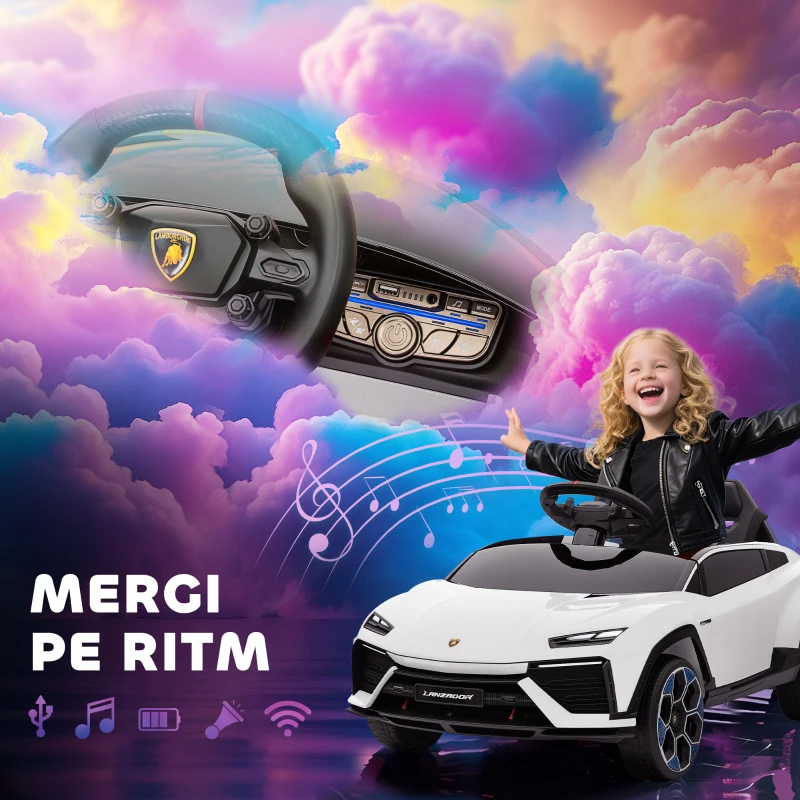 AIYAPLAY Mașină Electrică pentru Copii Licență Lamborghini cu Claxon și Telecomandă, 101.5x49x43 cm, Albă