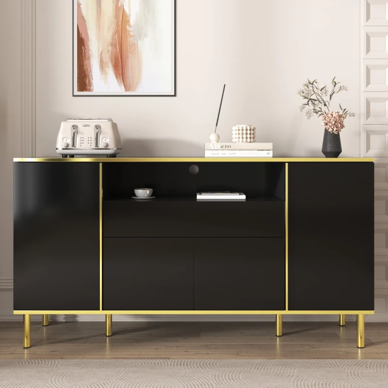 Credenza con illuminazione a LED, 4 ante, 1 cassetto, 150x40x80 cm, Nero