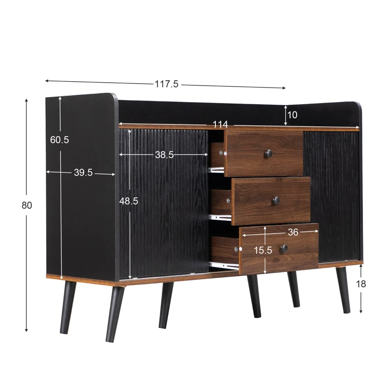 Credenza con 3 cassetti, ante scorrevoli a righe, 117,5x39,5x80 cm, Nero