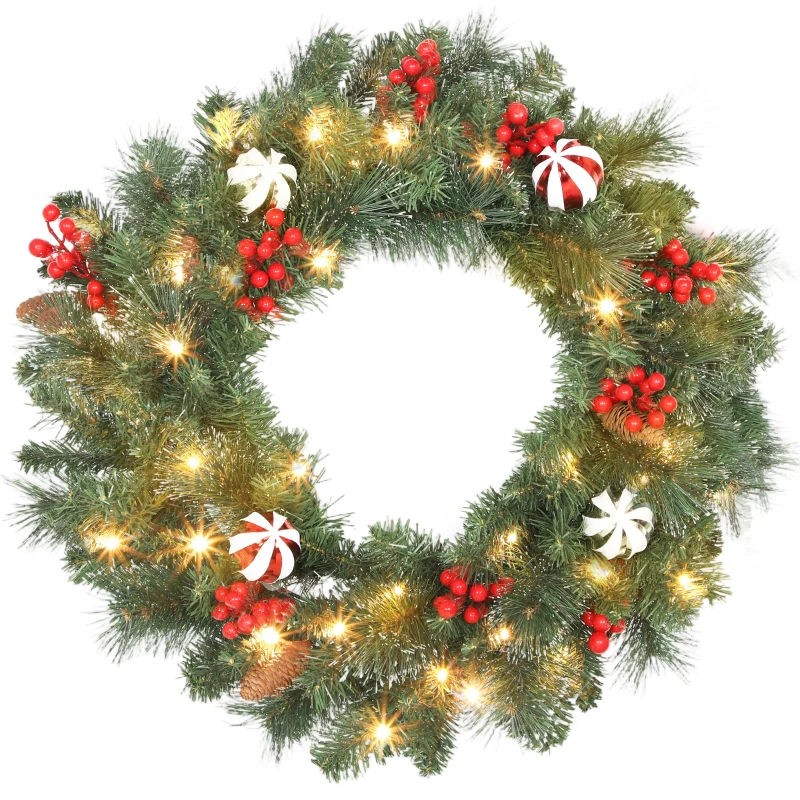 HOMCOM Couronne de Noël lumineuse 60 cm avec 50 LED, minuterie, 146 pointes, pommes de pin, baies, boules décoratives, vert