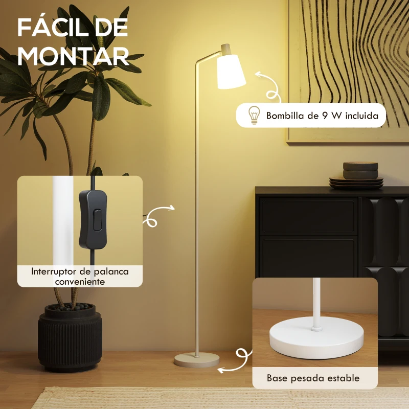 HOMCOM Lámpara de Pie LED Regulable con 3 Temperaturas de Color 3000K-6500K Pantalla Giratoria Bombilla E27 Blanco