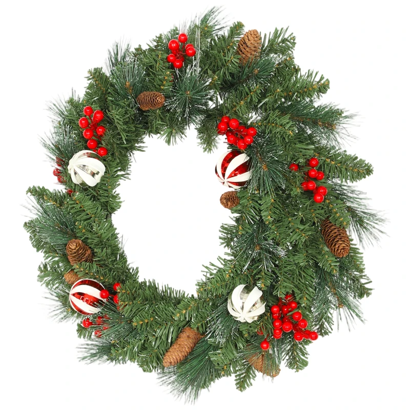 HOMCOM Ghirlandă de Crăciun 60 cm cu 146 Ramuri Înzăpezite, Conuri, Boabe și Bile