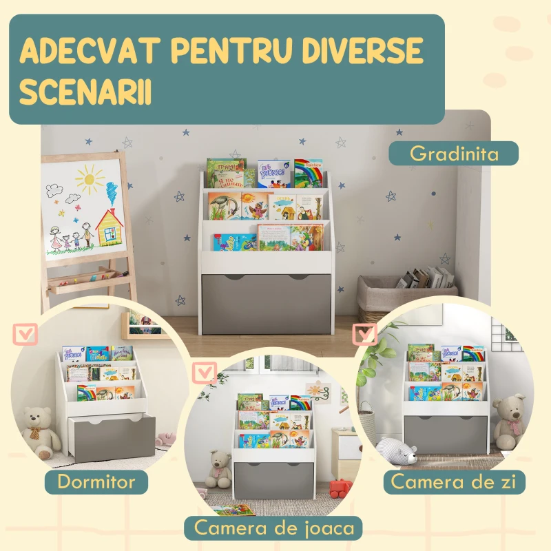 AIYAPLAY Bibliotecă pentru Copii 3-8 Ani cu 3 Rafturi și Sertar Inferior, din MDF, 62.5x30x70 cm, Gri