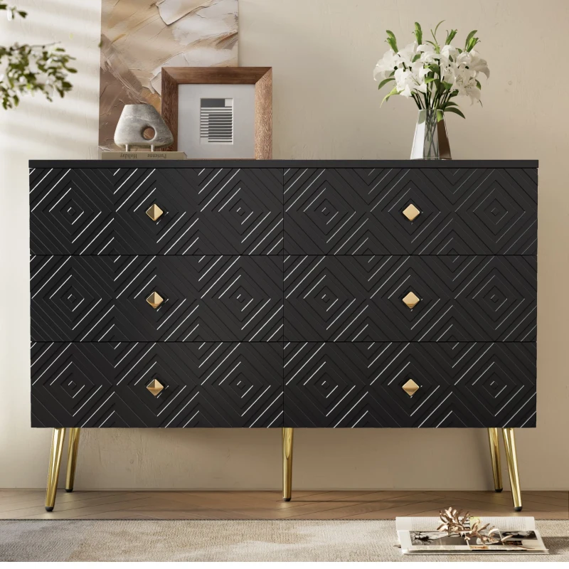 Cassettiera a 6 cassetti, con motivo geometrico e maniglie a forma di diamante, per camera da letto e soggiorno, 120x40x80 cm, Nero