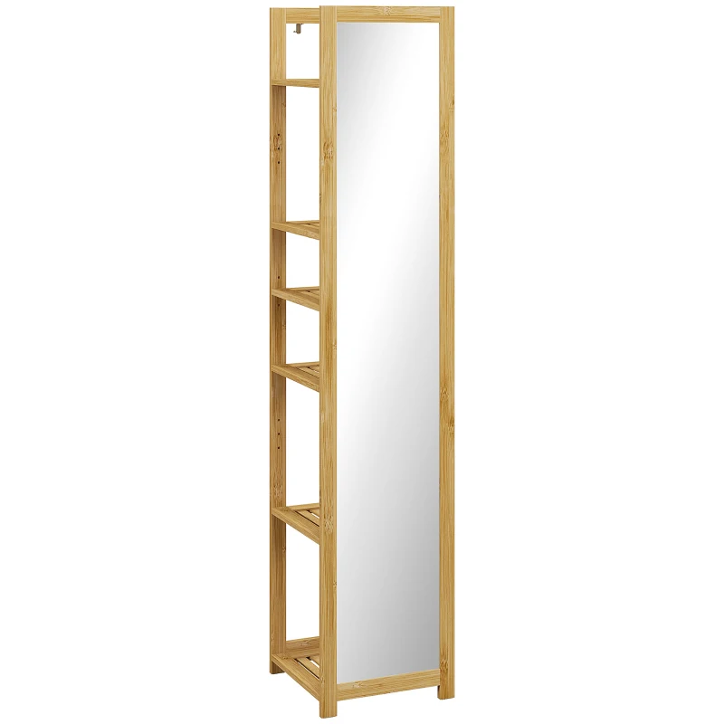HOMCOM Scaffale da Bagno con Specchio e 6 Ripiani a Doghe in Bambù, 35x35x168cm, Colore Legno