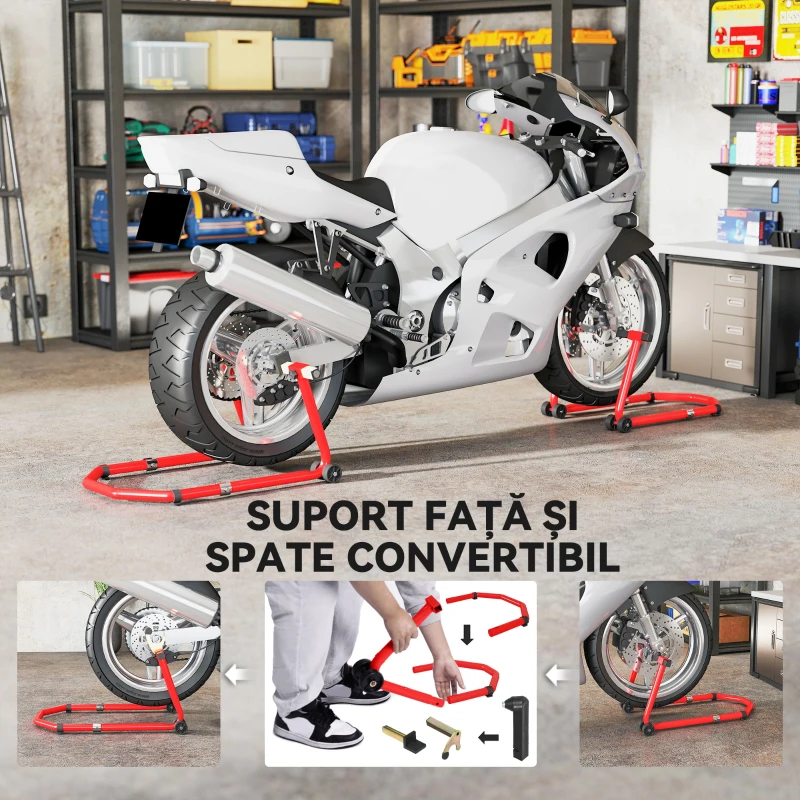 HOMCOM Stand pentru motociclete de 390 kg Față-Spate cu Furci Reglabile