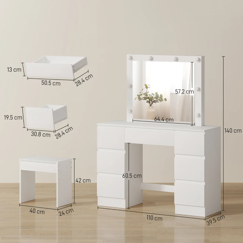 HOMCOM Masă de Machiaj cu Oglindă, 8 Lumini LED, Scaun și 7 Sertare Alb