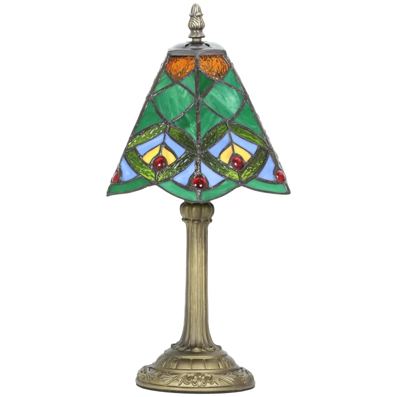 HOMCOM Tiffany-Style Table Lamp with Geometric Patterns, Handcrafted Antique Stained Glass Bedside Lamp for Living Room and Bedroom, E27 Socket, Green
