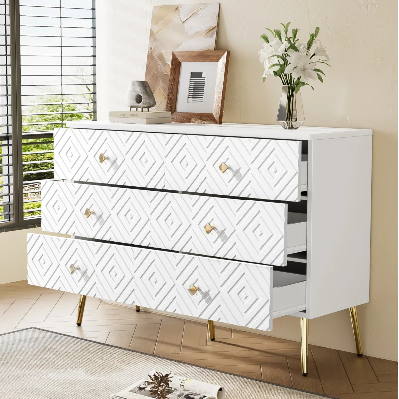 Cassettiera a 6 cassetti, con motivo geometrico e maniglie a forma di diamante, per camera da letto e soggiorno, 120x40x80 cm, Bianco