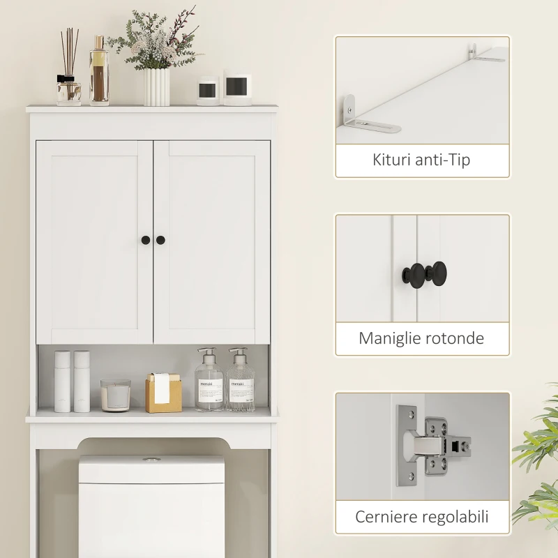 HOMCOM Dulap Peste WC cu 2 Rafturi Închise și Raft Deschis, Alb