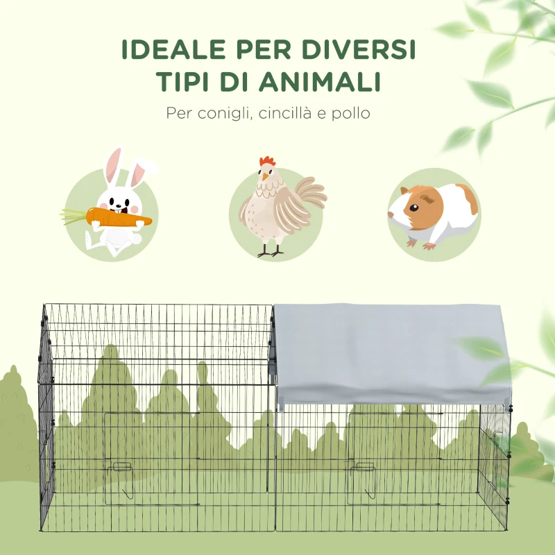 PawHut Gabbia per Conigli da Esterno e Interno a Casetta con Tettuccio, 220x85x103cm, Argento