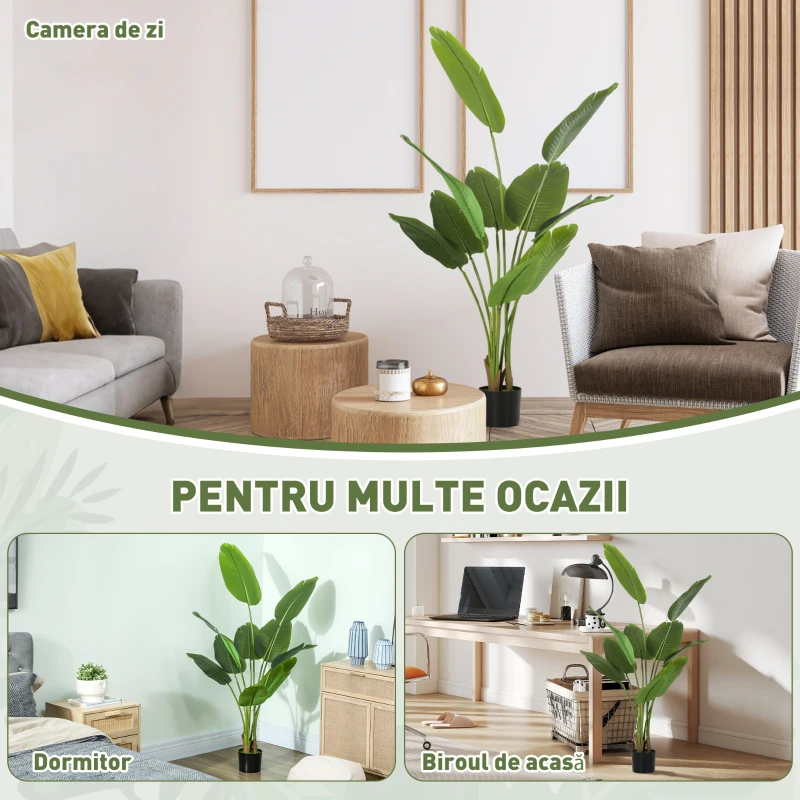 Plantă Artificială HOMCOM de 160 cm cu 10 Frunze Verzi din PEVA și Vas de Ø16.5x13.5 cm