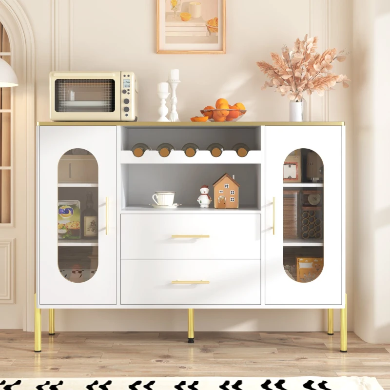 Credenza con ante in vetro, portabottiglie e ampio spazio di stoccaggio, 120x38x90 cm, Bianco