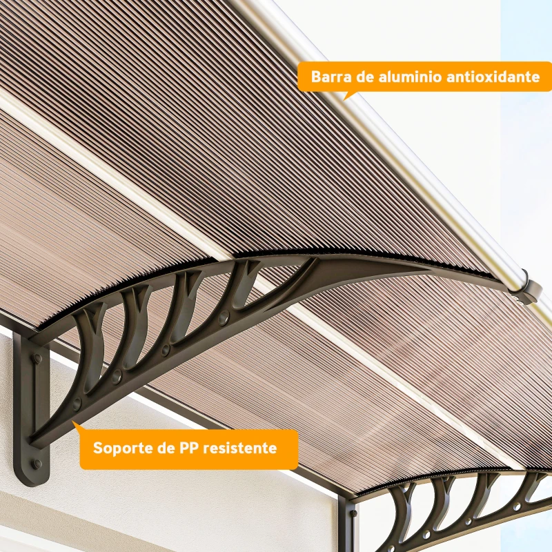Outsunny Marquesina Exterior para Puertas y Ventanas 303x96x27 cm con Soporte de Aleación de Aluminio PP Policarbonato Marrón
