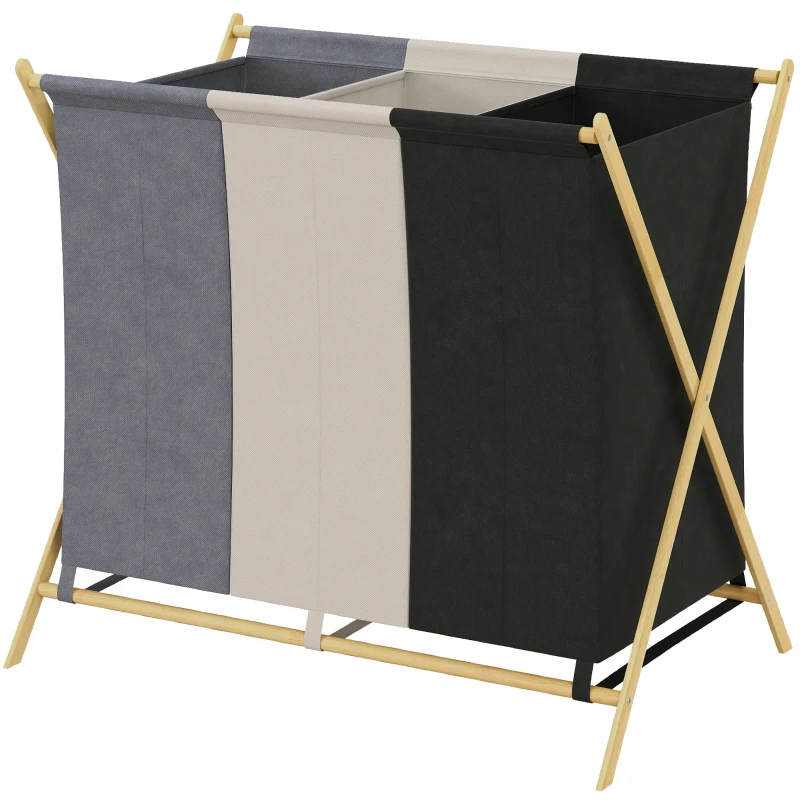 HOMCOM Coș de Rufe Pliabil cu 3 Compartimente, din Bambus și Material cu Efect de In, 75x48x67 cm, Multicolor