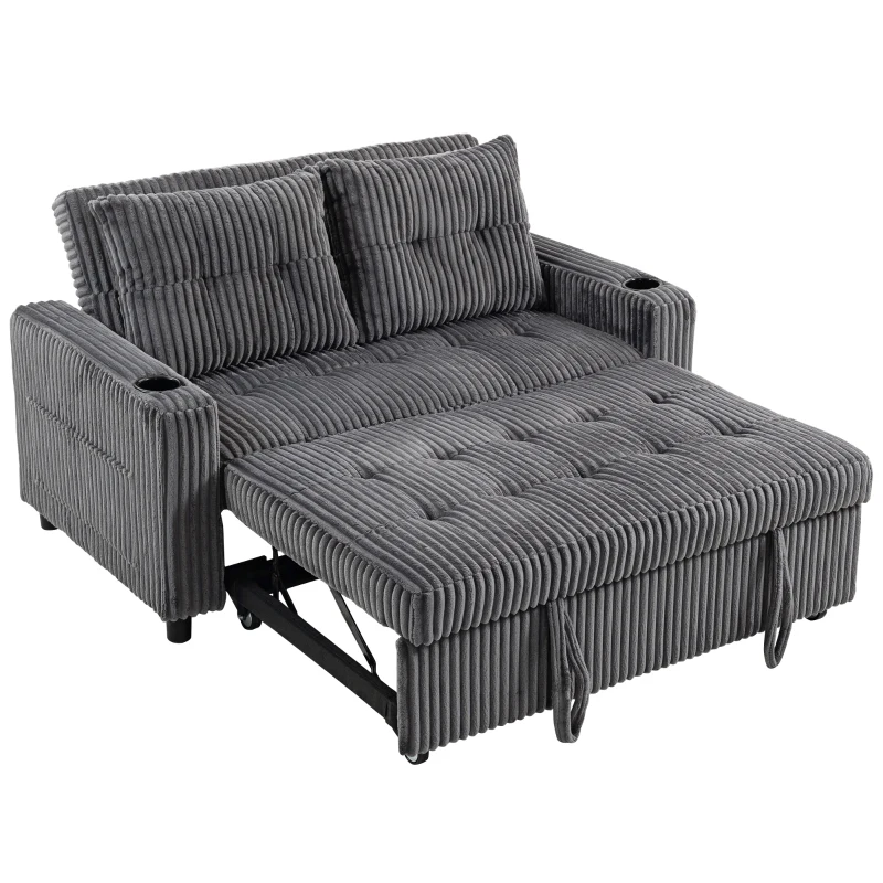 HOMCOM 2 Seater Click Clack Sofa Bed with Pull Out Design, Corduroy Upholstery - Charcoal Grey