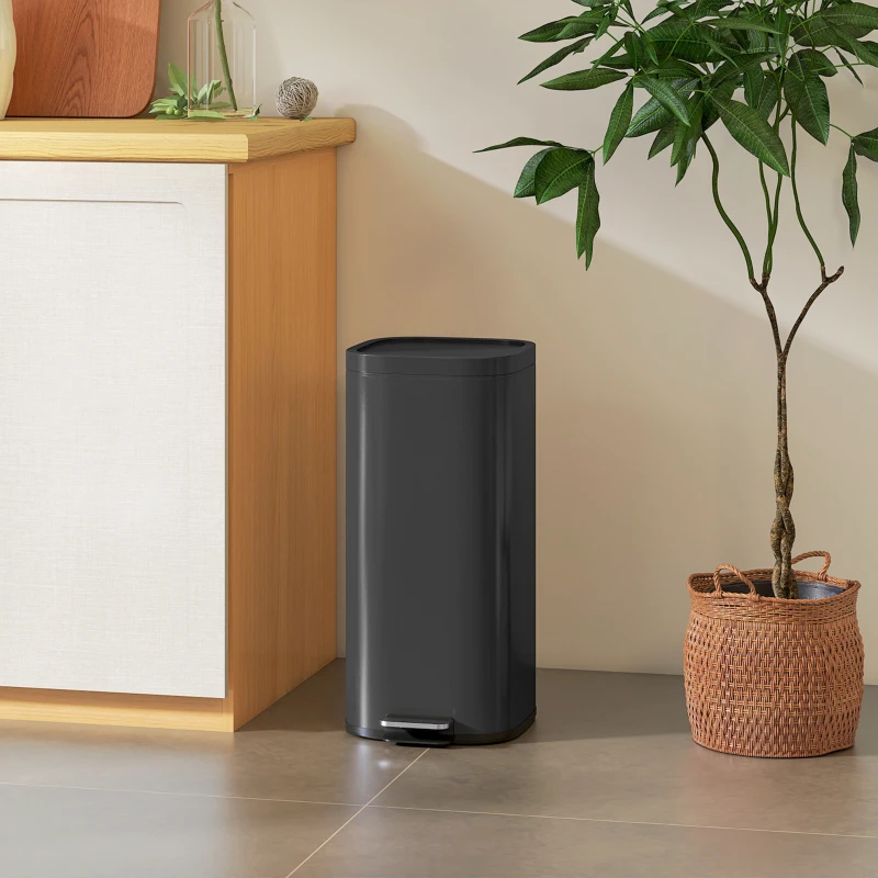 HOMCOM 30L Kitchen Bin, Compact Pedal Bin with Soft-Close and Stay-Open Lid, Removable Bucket for Kitchen, Home, Office, Black