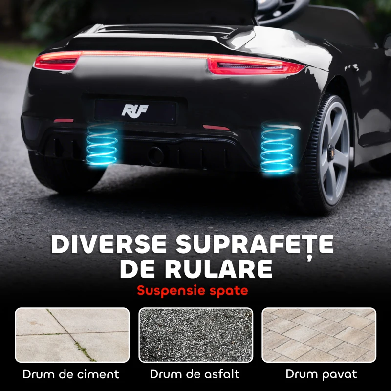 AIYAPLAY Mașină pentru Copii 3-5 Ani cu Licență Oficială RUF GT, Telecomandă, Centură de Siguranță și Muzică, Negru