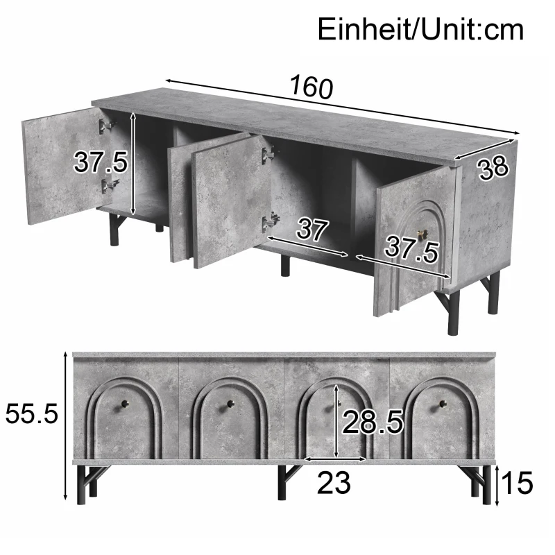 Mobile TV 4 ante, design elegante con frontale ad arco 3D, 160x38x55,5 cm, Grigio
