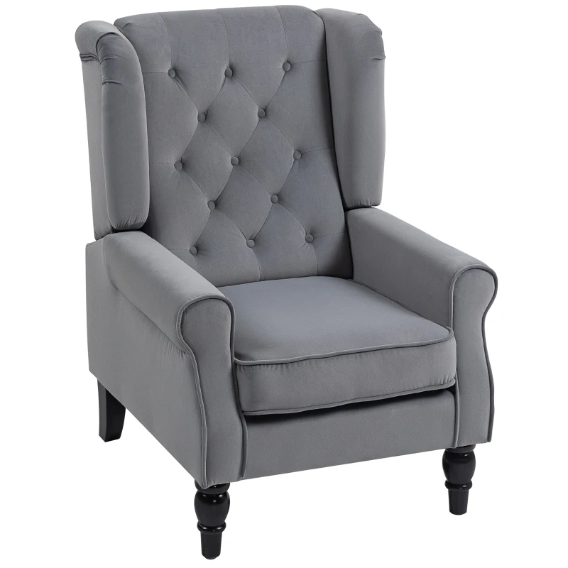 HOMCOM Wingback Accent Chair, Retro Upholstered Button Tufted Occasional Chair for Living Room and Bedroom, Light Grey