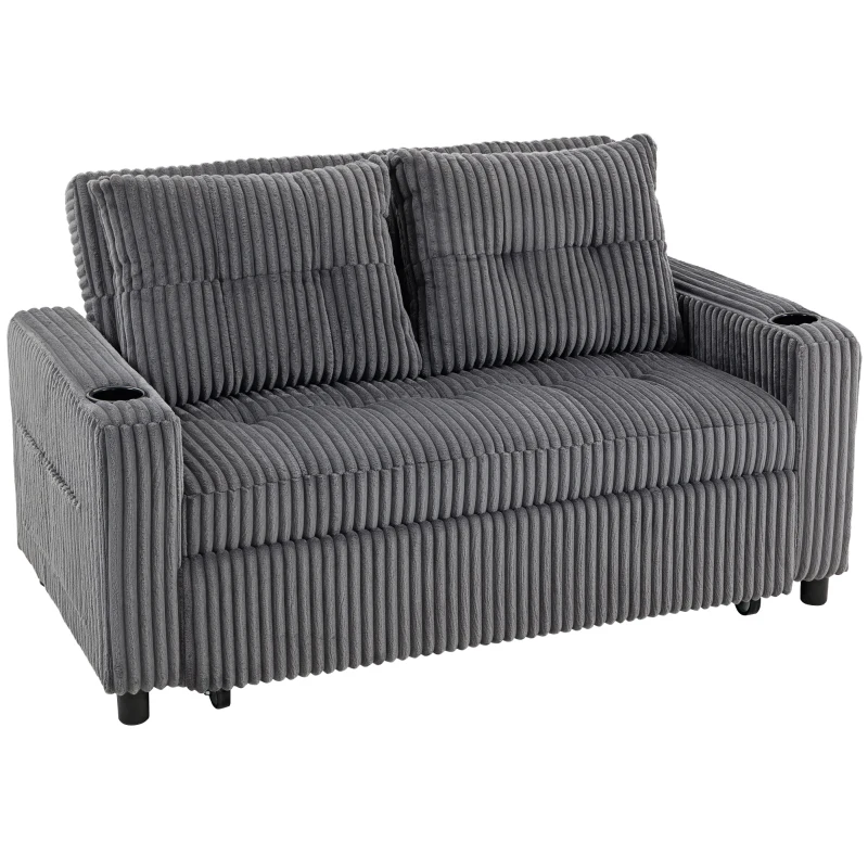 HOMCOM 2 Seater Click Clack Sofa Bed with Pull Out Design, Corduroy Upholstery - Charcoal Grey