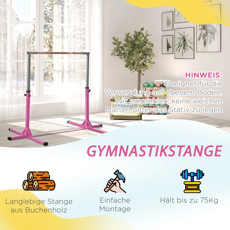 HOMCOM Gymnastikstange für Kinder, höhenverstellbar Turnreck Reckstange, Reck Turnstange für Indoor & Outdoor aus Holz & stabile Stahlkonstruktion bis 75 kg belastbar, für 3+ Kinder, Rosa