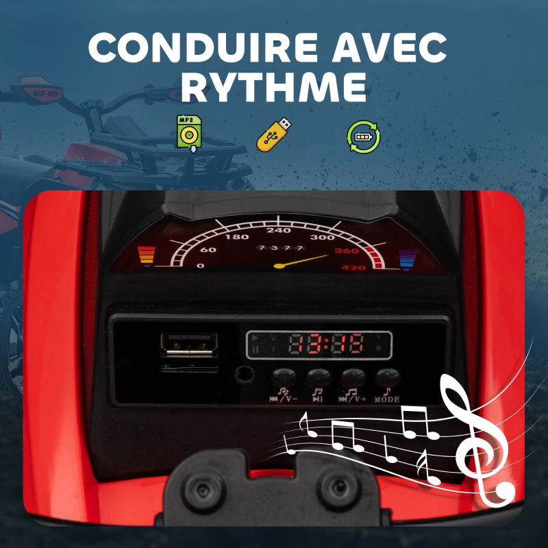 HOMCOM Quad Buggy électrique Enfant 12 V 8 Km/h Max. Voiture électrique Enfant avec Effets Lumineux sonores Selle avec Dossier Porte-Bagage Avant métal PP Rouge Noir(m-6)