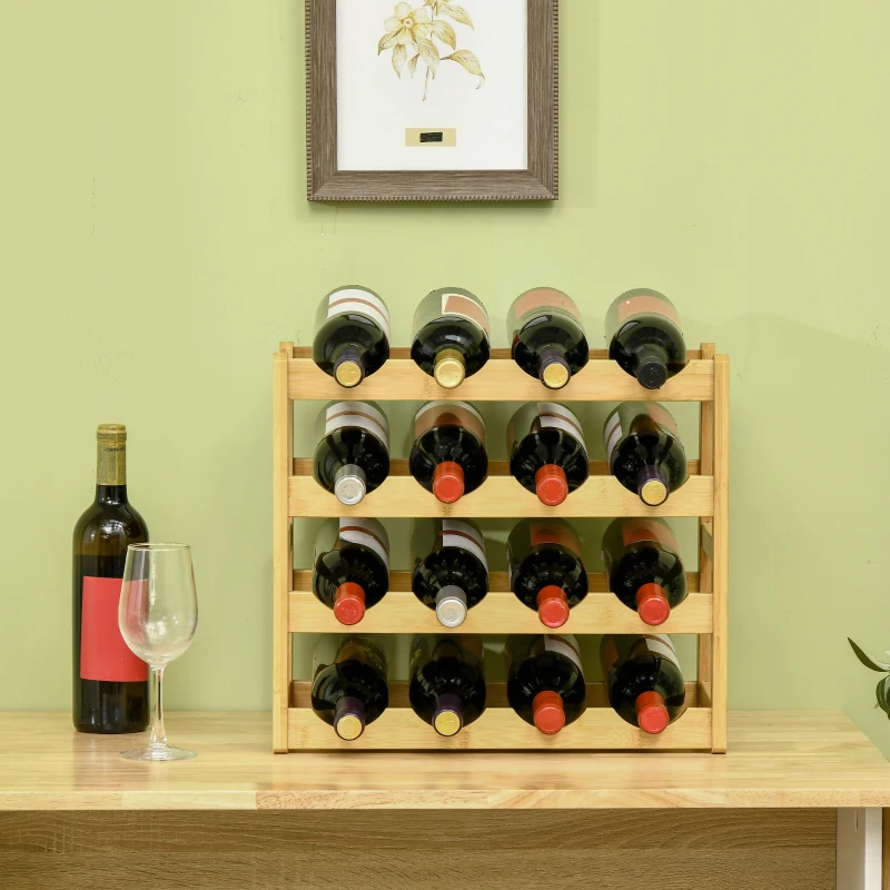 HOMCOM Scaffale Portabottiglie Vino a 4 Livelli per 16 Bottiglie in Legno di Bambù, 43x23.5x38cm