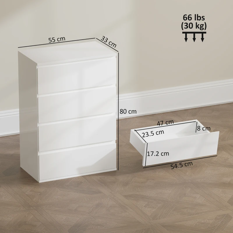 HOMCOM High Gloss Chest of Drawers, 4-Drawer Storage Cabinets, Modern Dresser for Bedroom, White