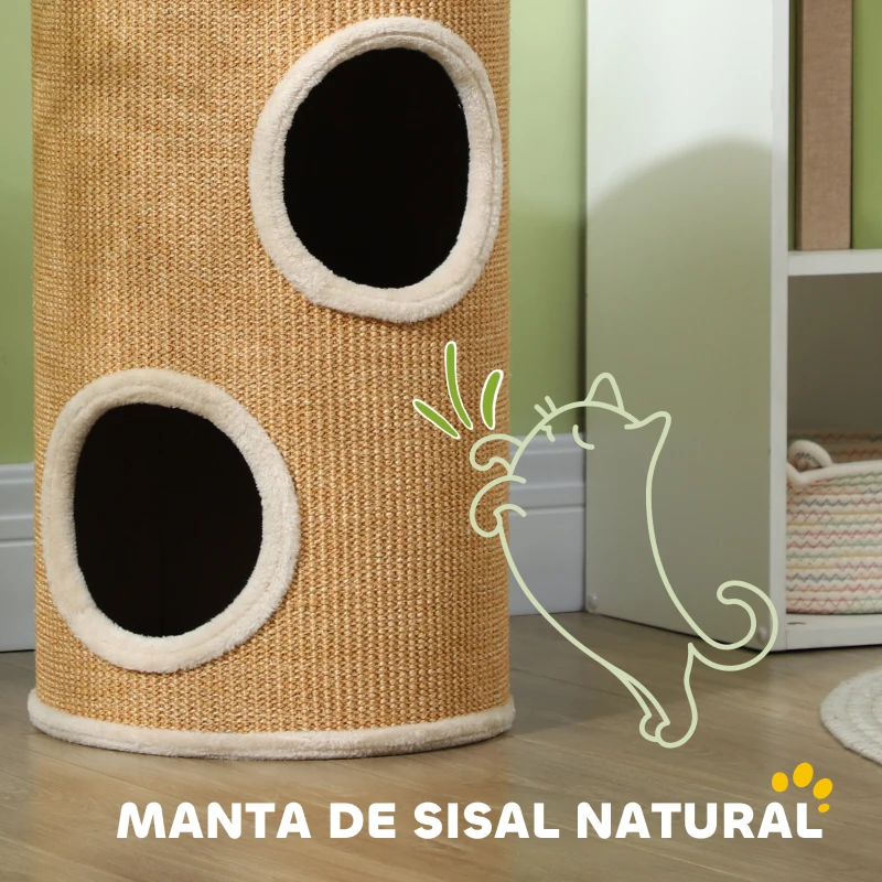 PawHut Barril Rascador para Gatos de 2 Niveles Torre Rascador para Gatos con 2 Cuevas y Cubierta de Sisal Ø35x60 cm Marrón